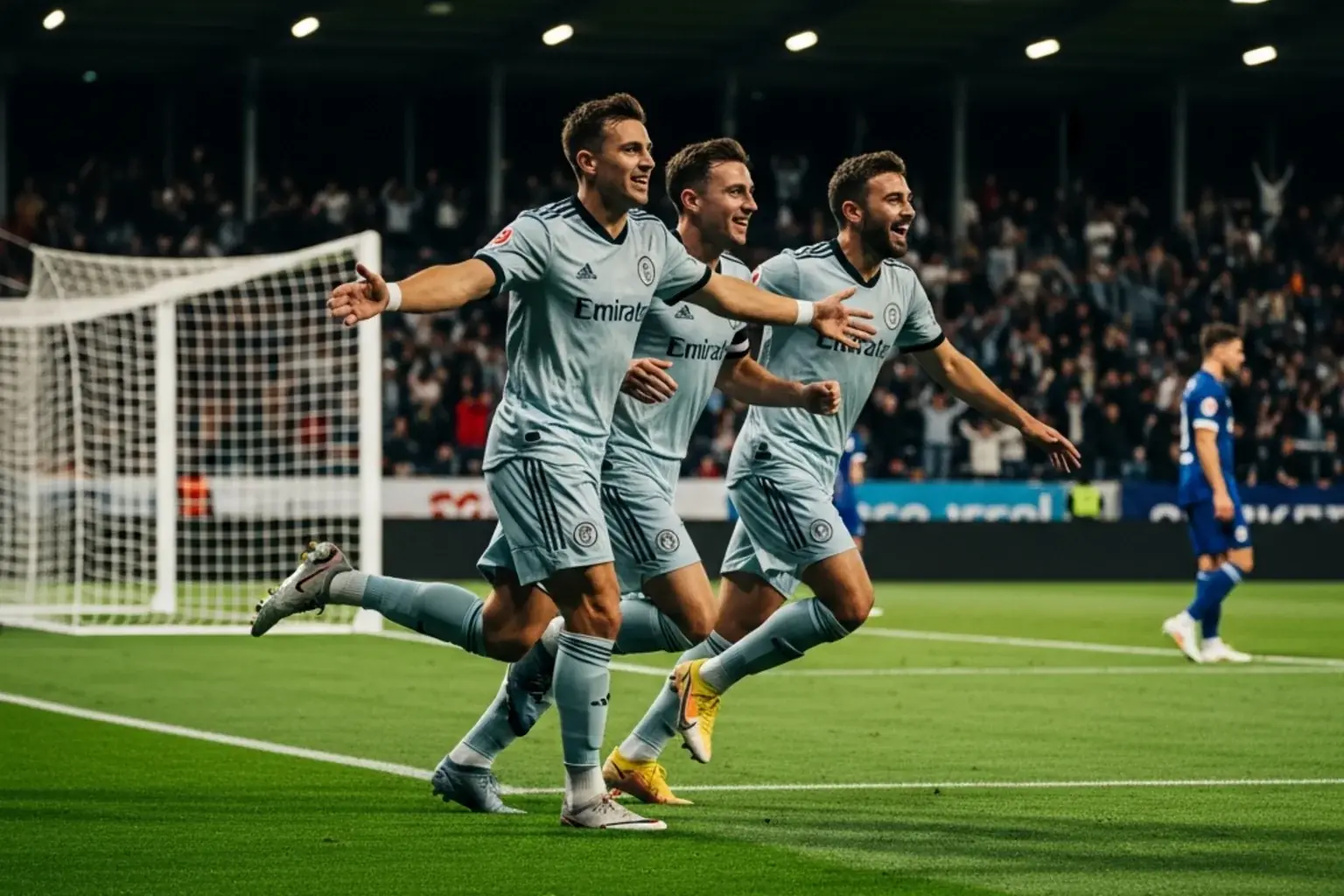 Jugadores de fútbol MLS celebrando un gol en un campo con césped verde brillante bajo iluminación artificial