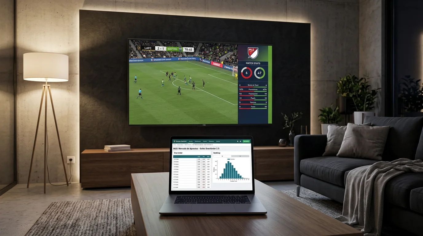 Pantalla de estadísticas de un partido MLS mostrando datos de goles y posesión en un televisor